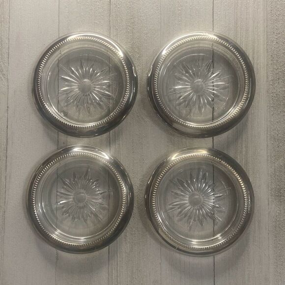 Vintage Leonard Crystal and Silver Plate Coasters Ashtrays Set of 4 - Picture 1 of 4